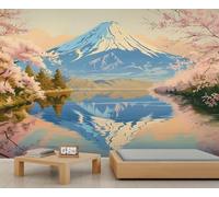 YEMYOR Japanese Landscape Mural Wallpaper Pink Cherry Blossoms Wall Mural for Kitchen Restaurant Office Fuji Mountains Wallpaper for Living Room Bedroom-100x100cm