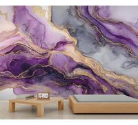YEMYOR Marble Mural Wallpaper Abstract Purple Marble Wall Mural Golden Cracked Marbles Wallpaper Luxury Art Sofa Background Murals for Living Room Bedroom-350x256cm