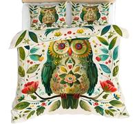 YEMYOR Owl Duvet Cover Double 200x200 cm, Green Funny Owl Bedding Set, Watercolor Floral Comforter Cover with Zipper Ties & 2 Pillowcases