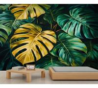 YEMYOR Palm Leaf Murals Tropical Golden Green Leaf Wallpaper Tropical Rainforest Leaves Mural Wallpaper Summer Jungle Palm Leaves Sofa TV Background Wall Mural for Living Room Bedroom-500x300cm