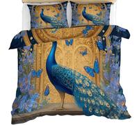 YEMYOR Peacock Duvet Cover 230x220 cm, Teal Peacock Feather Bedding Set, Luxurious Bird Floral Comforter Cover with Hidden Zipper