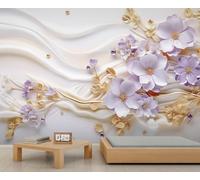 YEMYOR Relief Flower Wall Mural Romantic Purple Flower Living Room Mural Wallpaper Modern Art Flowers Bedroom Murals Nordic Style Golden Leaf Art Wallpaper Non-Self-Adhesive-200x140cm