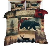 YEMYOR Rustic Farmhouse Comforter Cover, Hunting Bear Deer Duvet Cover Super King 260x220 cm, Patchwork Rustic Cabin Bedding Set with 2 Pillowcases