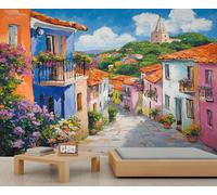 YEMYOR Small Town Scenery Murals European Colorful City Wallpapers Cartoon Flower Romantic Street Mural Wallpapers Italian Street Scene Bedroom Wall Murals Renter-Friendly Wallpaper-232x158cm