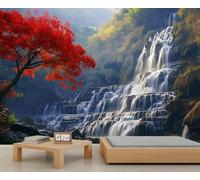 YEMYOR Waterfall Mural Wallpaper Red Maple Tree Wallpaper for Living Room Bedroom Fall Forest Nature Landscape Wall Mural for Kitchen Dining Room-300x210cm