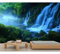 YEMYOR Waterfall Murals Primitive Forest Waterfall Wall Painting Stickers Green Forest Wall Paper Natural Landscape Mural Wallpaper for Living Room Bedroom-350x256cm