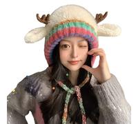Yenhaly Festive Christmas Antler Hat, Cute Soft Knitted Ear Protection Windproof Warm Antler Beret Xmas Gift (Beige)