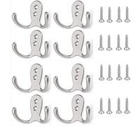 yenlk 8 Pcs Dual Coat Door Hooks, Double Prong Wall Mounted Hooks with 16 PCS Screws for Hanging Hat Tie Clothes Towel Metal Retro Cloth, Chrome Hanger for Bedroom Bathroom Kitchen,Silver