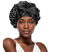 YENTEN Double Night Hat Made of Silk Satin, Silk Hood for Sleeping, Adjustable Night Sleep Hat, Non-Slip Bonnet Sleep Cap for Women (Dot Pattern), White, L