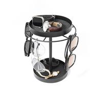 YENXIKU Sunglass Organizer Glasses Holder, Metal Eyeglass Holder Sunglasses Organizer Storage with Tray and Base, 360 Rotating Display Stand with Jewelry Box for Tabletop Dresser Bedroom - Black
