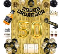YeohJoy 50th Birthday Decorations for Men Black Gold 36Pcs | Ajustable Metal King Crown and Sash,Guest Books,Fringe Curtains, Banner, Paper Pom Poms,Cake Topper Candles, Balloons