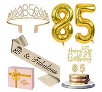 YeohJoy 85th Birthday Decorations Gold: Tiara, Sash, Cake Topper, Candles, Balloons & Card