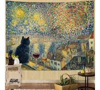 Yeoiat Tapestry Van Gogh Starry Night Cat Tapestries Impressionist Fireworks Cityscape Tapestries Black Cat Wine Glass Wall Tapestry Bedroom Dormitory Living Room Decoration 90"x70"