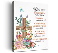 YEOION Inspirational Bible Verses Wall Decor, You Are Beautiful Flower Cross Canvas Art Print, Christian Positive Affirmation Wall Art, Scripture Home Office Bedroom Decoration