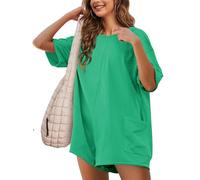 Yeokou Rompers for Women Casual Short Sleeve Oversized Athletic Workout Reversible Hot Shot Tee Romper Deep Pockets, Green, M