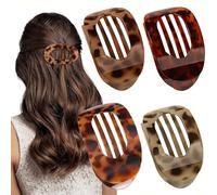 Yeomju Pack of 4 Shiny Tortoiseshell Leopard Flat Hair Clips, Flat Claw Clip for Women, Round Lay Down Hair Clip for Thin Hair, Comfortable, Curved Flat Clips