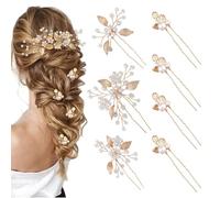 Yeomju Pack of 6 Bridal Hair Pins Golden Leaves Crystal Beads Vintage Headpiece Wedding Hair Accessories Jewellery with Rhinestones for Brides Bridesmaids Flower Girl (4 Styles)