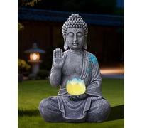 Yeomoo 27cm Buddha Garden Ornaments with Solar Lotus, Grey Resin Decor