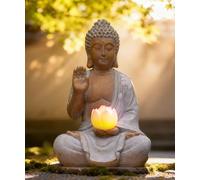 Yeomoo Buddha Statue with Solar Lotus Garden Ornaments Outdoor - Waterproof Meditation Sculpture for Zen Garden Lawn Patio Feng Shui - Spiritual Gift for Women Mum Men 27cm