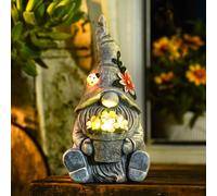 Yeomoo Funny Gnome Garden Ornaments Outdoor - Resin Waterproof Sculpture with Ladybird and Flowers Solar Lights Lawn Yard Patio Decorations Room Accessories - Gifts for Women Men Mum Birthday