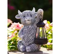 Yeomoo Highland Cow Ornaments for Garden Decor - Outdoor Sitting Figurine with Solar Lantern Lights for Patio Porch Yard Lawn - Birthday Gifts for Women Mum Men(Grey)