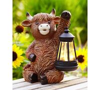 Yeomoo Highland Cow Ornaments for Garden Decor - Outdoor Sitting Figurine with Solar Lantern Lights for Patio Porch Yard Lawn - Unique Gifts for Women Mum Men（Brown）