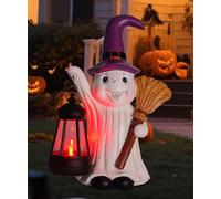 Yeomoo Solar Halloween Ghost Statue with Lantern & Broom - Cute Ghost with Witch Hat for Garden Porch Lawn Home - Halloween Party & Autumn Decorations Gifts