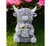 Yeomoo Solar Highland Cow Garden Ornaments Outdoor - Resin Waterproof Figurine with Glowing Planter for Patio Balcony Living Room Decor - Unique Gifts for Women Mum(Grey)