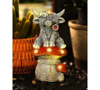 Yeomoo Solar Highland Cow Garden Ornaments - Resin Cattle Statue Sitting on Mushrooms with Glowing Flower Accents Patio Balcony Lawn Decor - Garden Gifts for Women Mum Wife(Grey