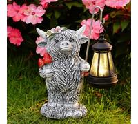 Yeomoo Solar Highland Cow Garden Ornaments - Resin Grey Cattle with Decorative Flower Accents and Glowing Lantern, Decor for Lawn Porch Yard Balcony - Gifts for Women Mum Men