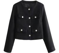 Yeooa Women's Blazer Tweed Jacket Business Work Office Dinner Casual Tweed Blazer Round Collar Long Sleeve Button Trend Blazer (Black,L)
