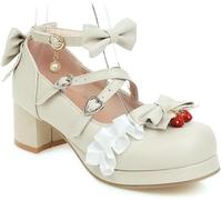 Yeooa Women's Cute Mid Heels Kawaii Mary Jane Heels (Beige, 36)