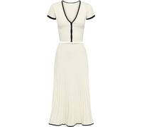 Yeooa Women's Long Dress Set Short Sleeve V-Neck Top Ribbed Knit Stretch Pleated Skirt Set Fashion Elegant Casual Vacation Set (White,S)