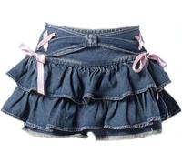 Yeooa Women's Mini Denim Skirt Blue Solid Gothic Y2K Style High Waist A-Line Skirt With Sweetheart Neck & Bow Ruffles (Blue, Small)