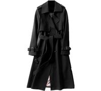 Yeooa Women's Windbreaker Spring and Autumn Jacket Double -Breasted Casual Coat Long Lapel Solid Color Coat Business Leisure Fashion Trench Coat (Black,L)
