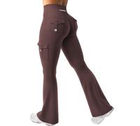 YEOREO CoreFlex Women's Flare Leggings with 4 Pockets Invisible Scrunch Butt Sports Leggings High Waist Capris Workout Seamless Push Up Opaque Yoga Gym Legging, brown, XL
