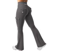 YEOREO CoreFlex Women's Flare Leggings with 4 Pockets Invisible Scrunch Butt Sports Leggings High Waist Capris Workout Seamless Push Up Opaque Yoga Gym Legging, darkgray, XL