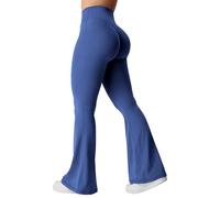 YEOREO Kalie - Women's V-Neck Crinkled Flared Leggings, Crossed Waist, Bell Bottom, Tummy Control, Workout Bootcut Leggings, #1 Blue, S