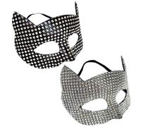 Yeory 2Pcs Cat Woman Mask Half Face Rhinestone Cat Costume Women Fashionable Cosplay Mask for Halloween, Masquerade, Black + Silver, Cosplay