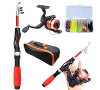 Yeory Kids Fishing Pole 4Pcs/Set Telescopic Portable Mini Kids Fishing Rod Starter Set Ceramic Guide Ring Fiberglass Lure Fishing Rod for Beginner, Red, Telescopic Fishing Rod and Reel Set