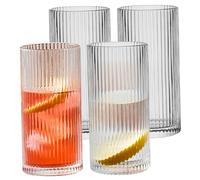 Yeory Ribbed Glasses 4Pcs 450ml Glass Ribbed Cups Round Minimalist Ribbed Glass Cups Transparent Ribbed Glassware for Cocktail Iced Coffee Juice Beer Soda, Ribbed Glass Cups
