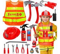 YEOVIBL 18 Pcs Fireman Costume Set for Kids, Toddler Firefighter Dress-Up Toy Set, Halloween Fireman Role Play Outfit with Accessories, Helmet Fire Extinguisher for Boy Girl Gift, Toddlers Ages 3-7