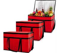 YEOVIBL 3 Pack Insulated Food Delivery Bag 77L XXX-Large Thermal Catering Bag, Reusable Cooler Tote with Zip & Strong Handles, Waterproof Grocery Bag for Hot & Cold Food, Pizza, Shopping, Travel (Red)