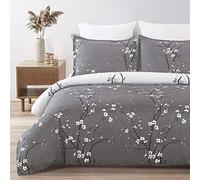 YEPINS Soft Brushed Microfiber Duvet Cover Set with Zipper Closure and Corner Ties, Plum Blossom/Branch Floral Printed Pattern, Grey and White Color, Reversible Design- Queen(90x90 inches)