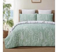 YEPINS Soft Duvet Cover Set King Size with Zipper Closure and Corner Ties, Reversible Design Floral Branch Printed Pattern, Green and White Colour, 3 Pieces Bedding Set, Brushed Microfiber