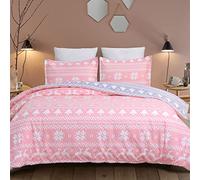 YEPINS Soft Quilt Duvet Cover Set for Christmas Decorations, Snowflake Reindeer Reversible Design, Pink and Grey- Brushed Microfiber King Bedding Size Quilt Cover Set