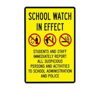 Yepyayqvk School Watch In Effect Students And Staff Immediately Report All Suspicious Persons Warning Sign, Retro Security Sign, Metal Caution Street Tin Sign, Vintage Safety Signs 8x12 Inch