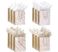 Yeqqzq 12pcs Gift Bags with Tissue Paper, 9" White Gold Wrap Paper Gift Bags with Handles for Party Wedding Shopping Baby Shower Holiday Presents