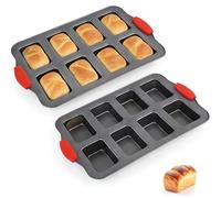 Yeqqzq 2 Packs 8 Cavity Mini Loaf Pan with Silicone Handle, Non-Stick Bread Loaf Baking Pan Mini Brownie Pan Cheesecake Mould Rectangular Bar