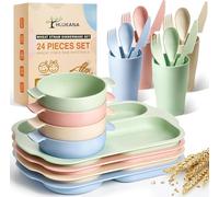 Yeqqzq 24 Pcs Dinnerware Cutlery Set, Unbreakable Dinnerware Sets, Including Kids Toddlers Divided Plates, Bowls, Cup, Cutlery Spoons Knifes Forks, BPA Free, Microwave Dishwasher Safe